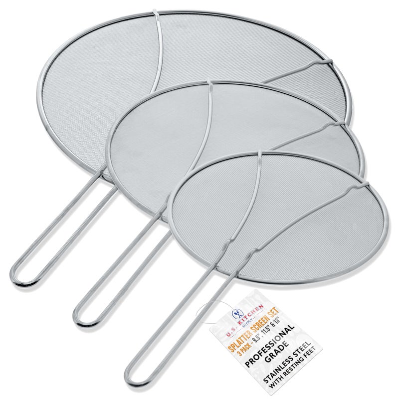 U.S. Kitchen Supply مجموعة أدوات المطبخ الأمريكية من 3 شاشات تشتت من الفولاذ المقاوم للصدأ - 13 بوصة، 11.5 بوصة و 9.5 بوصة - شاشة تشتت شبكية دقيقة مع أرجل للراحة، واقي للدهون لأواني ومقالي المطبخ - Image 1